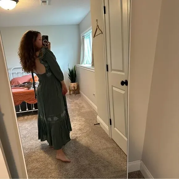 Free People Green Blue Cotton Gauze Floral Embroidered Maxi Dress Small - Picture 2 of 13